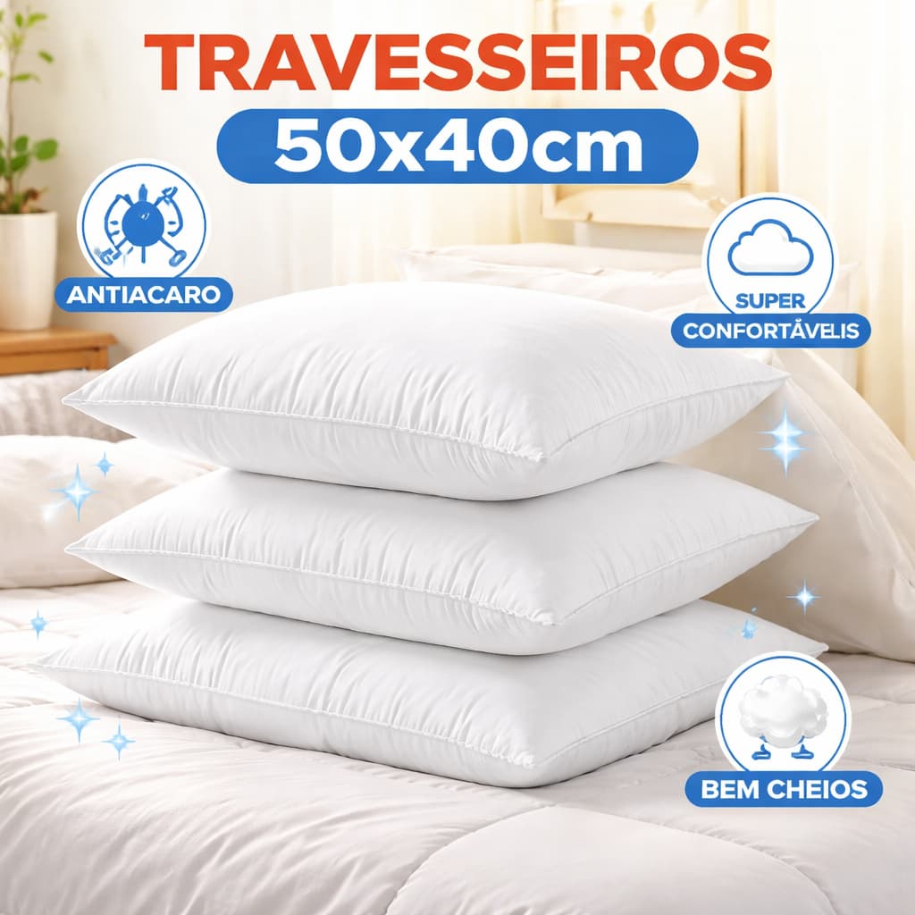 Kit Travesseiro Antialérgico Confortável Cheio Fibra Siliconada Antiácaro
