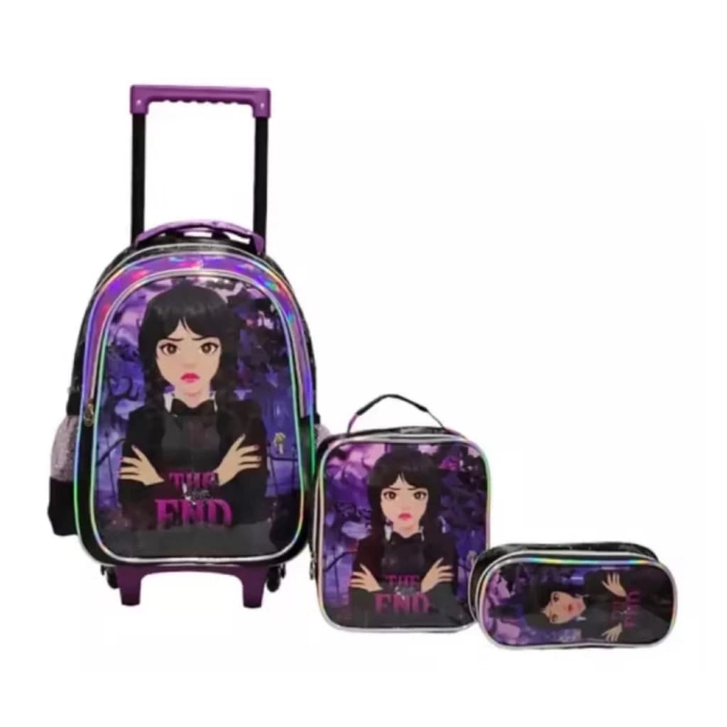 Kit Mochila De Rodinhas Lancheira Estojo Wandinha Denlex