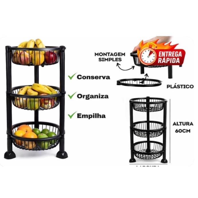 fruteira de chão Organizador Multiuso 3 Andares Empilhável fruteira porta Legumes Temperos Cozinha Banheiro Lavanderia