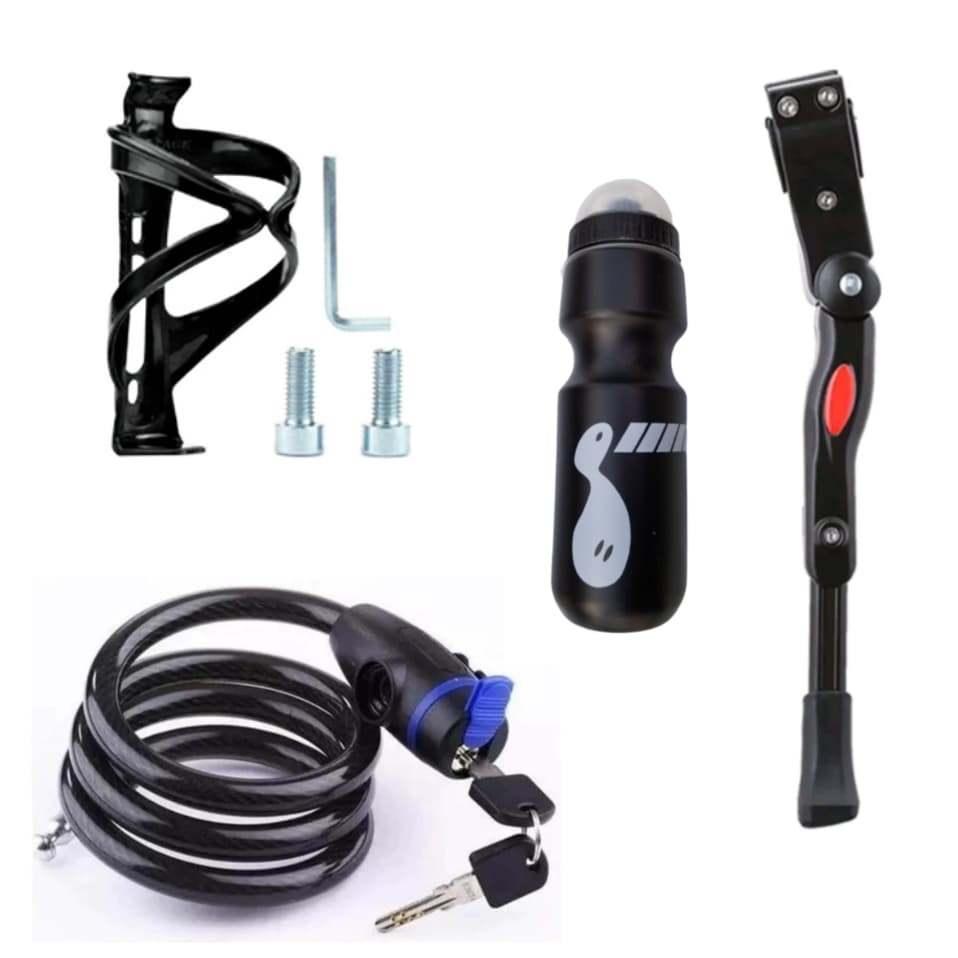 Trava Cabo De Aço Cadeado Segurança Bike Moto Anti-Roubo + Descanso Para Bike Lateral + Suporte de Garrafa + Garrafa