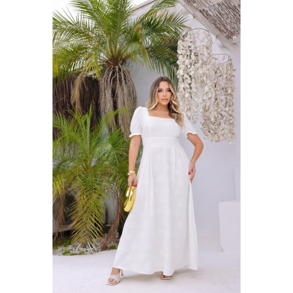 Vestido Feminino Longo Tecido Duna Floral Manga Princesa Lastex Elegante Não Amassa