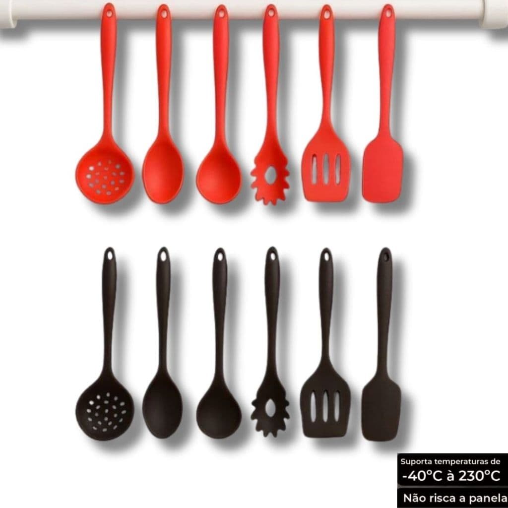 Kit 6 Utensílios para Cozinha de Silicone Colher Espátula Concha  Antiaderente Preto e Vermelho