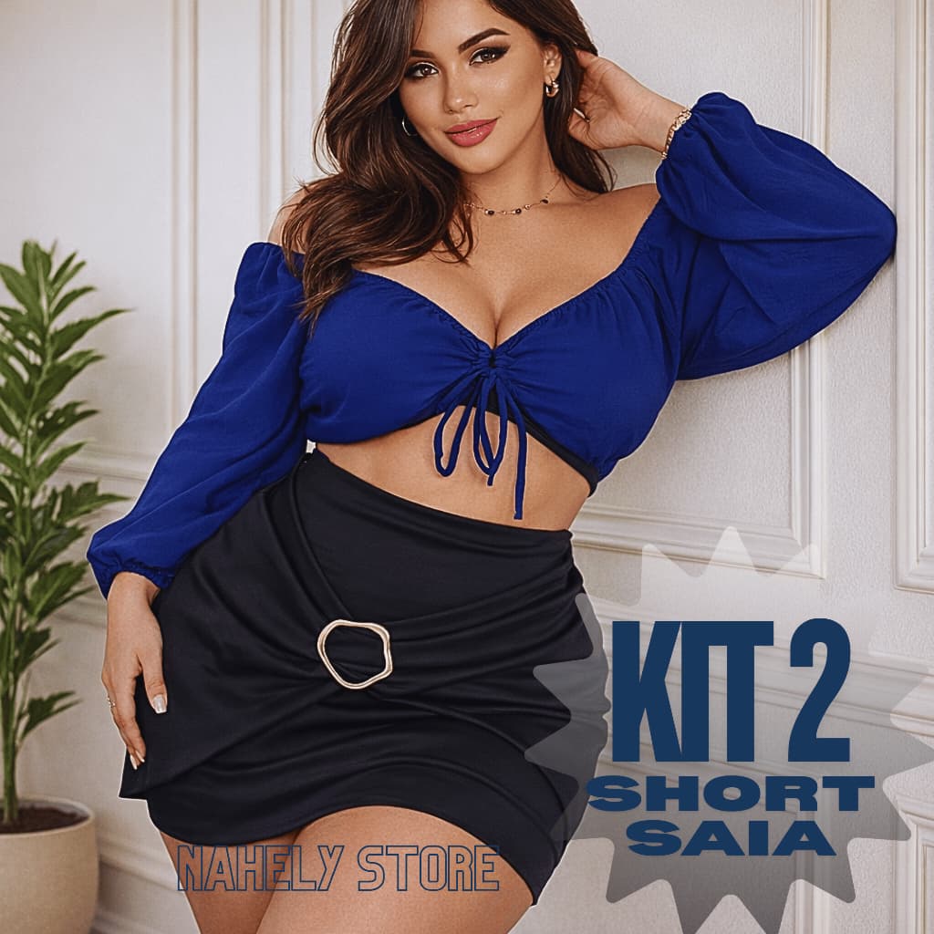 Short Saia Feminino Kit 2 Peças Plus Size Neoprene Com Fivela Dourada Festa Aniversario G1 G2 G3