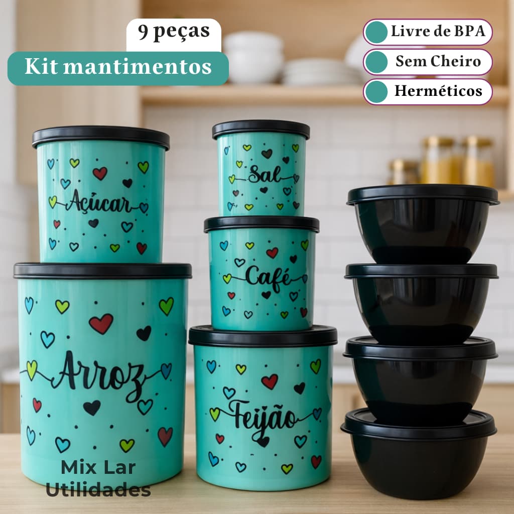 Kit potes mantimentos de cozinha 5 peças + 4 potes plástico decorado