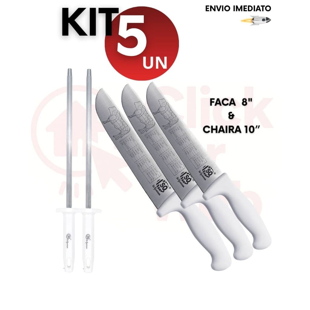 Kit 5 3 2 Peças Facas Profissional Açougueiro Churrasqueiro 8” + Chaira 10” Inox Amolador Afiador