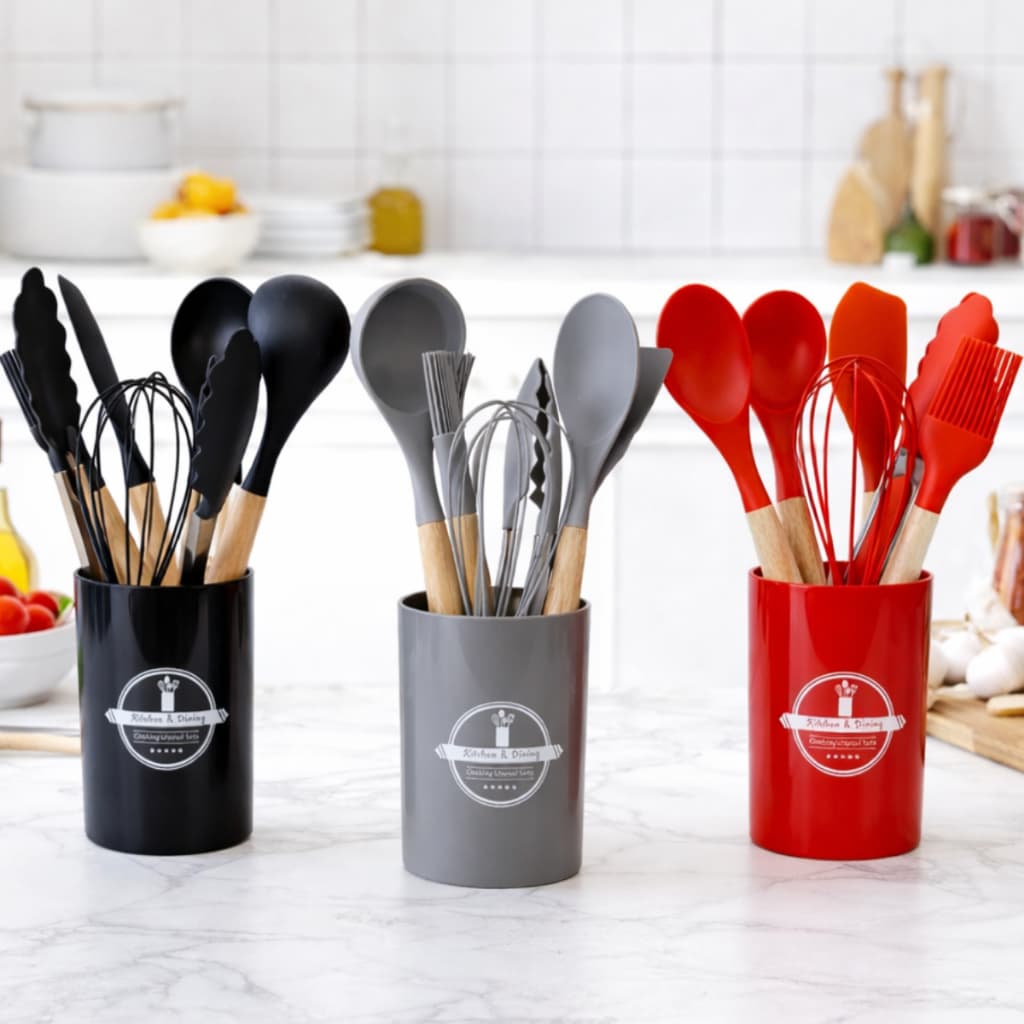 Kit Utensílios Silicone 7 Peças Cabo Madeira Cozinha Antiaderente Completo Com Suporte Cores