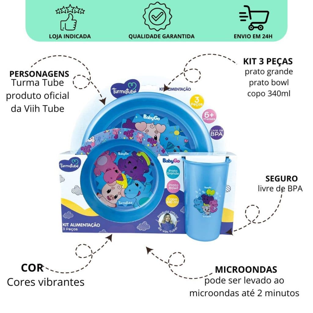kit 3 peças introdução alimentação infantil Viih tube prato fundo bowl + prato raso + copo