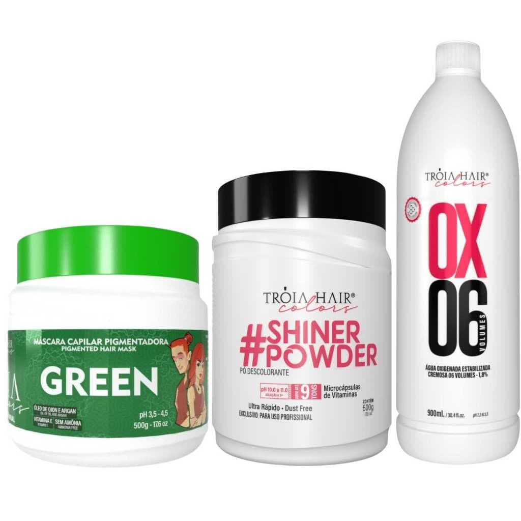 Pó Descolorante Premium 500g + OX 06 900ml + Troia Colors Green 500g - Troia Hair