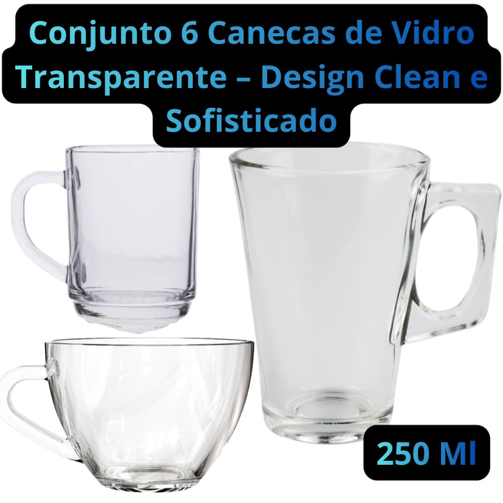 Conjunto 6 Caneca de Vidro Design Elegante 250 Ml, combina com sua casa, Bar e escritório