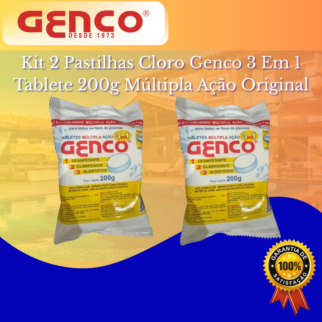 Kit 2 Pastilhas Cloro Genco 3 Em 1 Tablete 200g Múltipla Ação Original