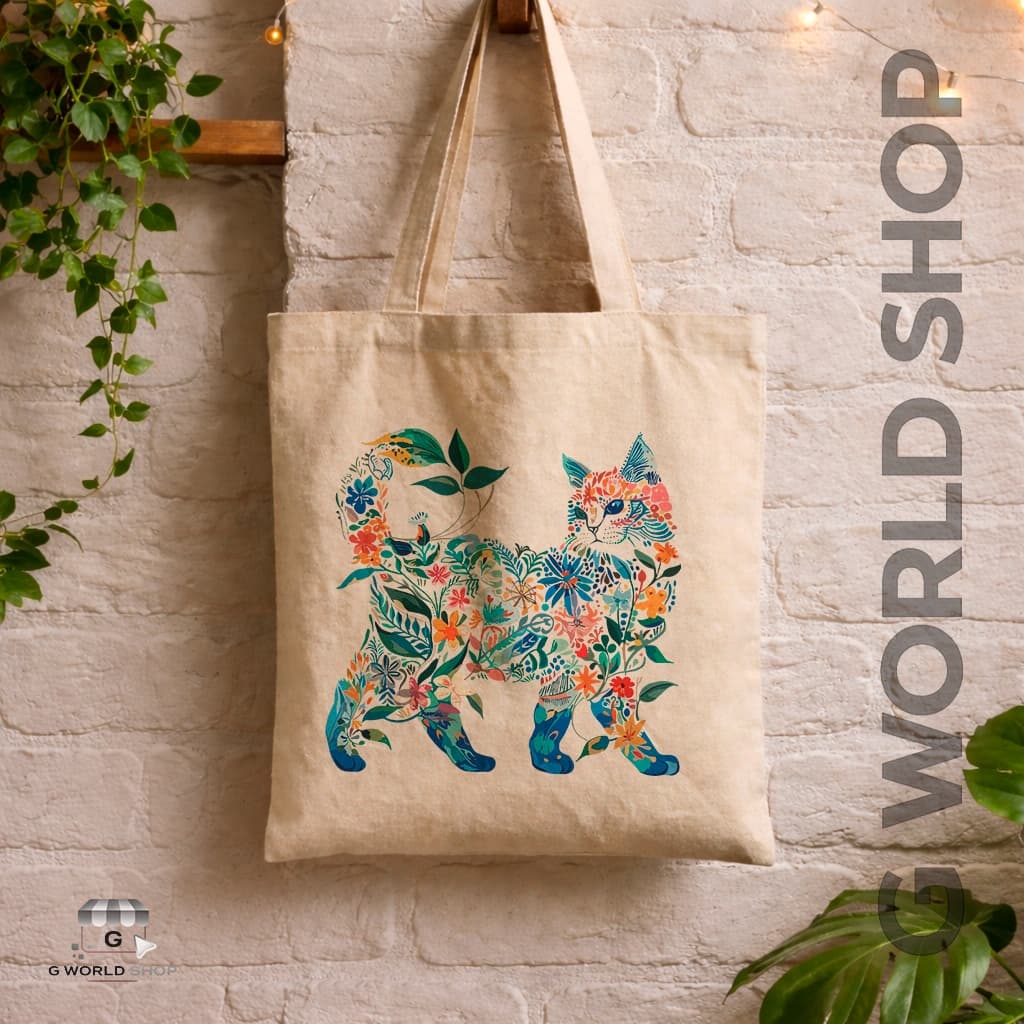 Bolsa Ecobag Sacola Ecológica Estampada Plantas e Flores em Forma de Gato Gatinho Colorido Bolsa Feminina Envio Imediato