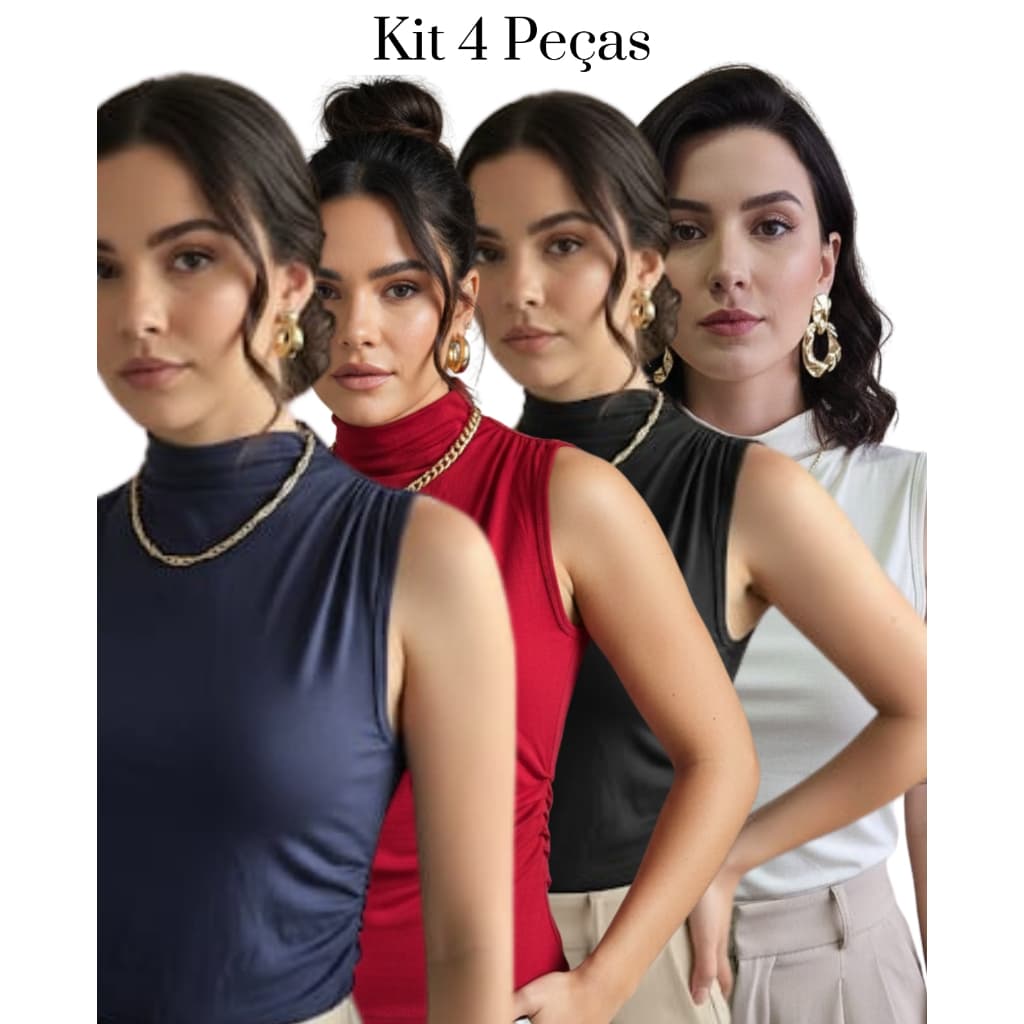 Kit Regata feminina Plissada sem manga casual elegante gola reta verão