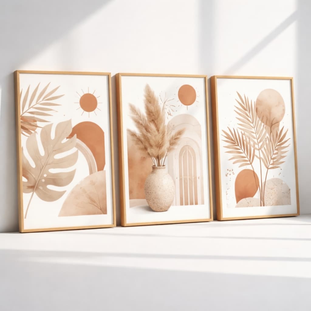 Quadros decorativos Boho Tons Neutros Minimalista kit 3 peças Parede Sala Quarto