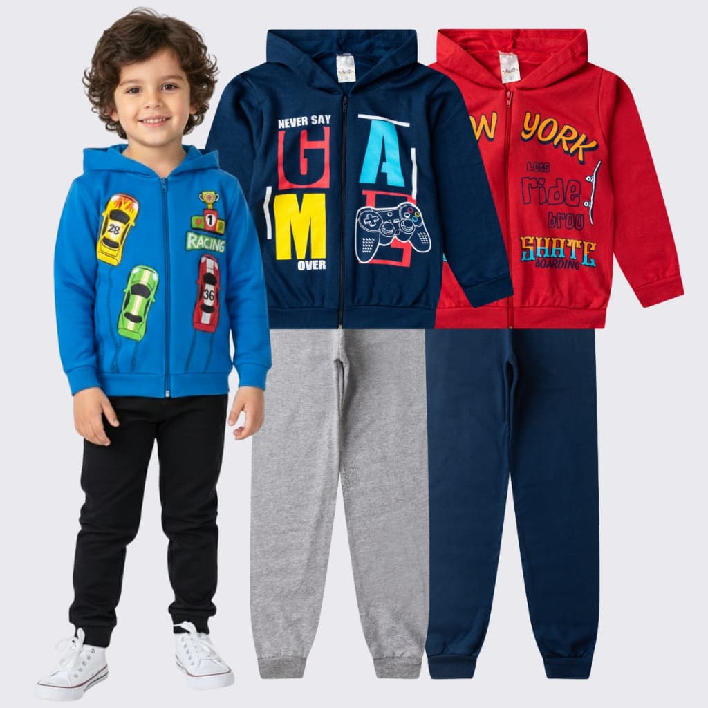 Kit 4 Peças 2 Conjunto Moletom Infantil Menino Inverno Jaqueta Ziper