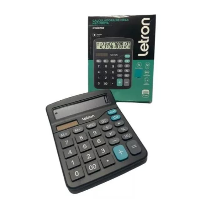Calculadora Grande 12 Dígitos de Mesa Comercial Escritório Escolar Letron Preta