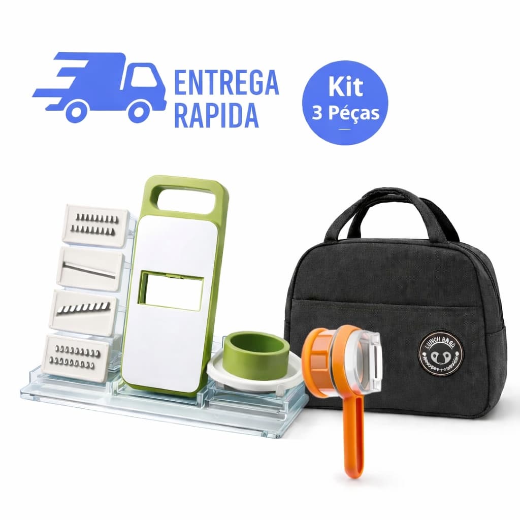 Kit Cozinha Completo 3 Peças Ralador 5 em 1 Descascador com Coletor Bolsa Térmica Marmita