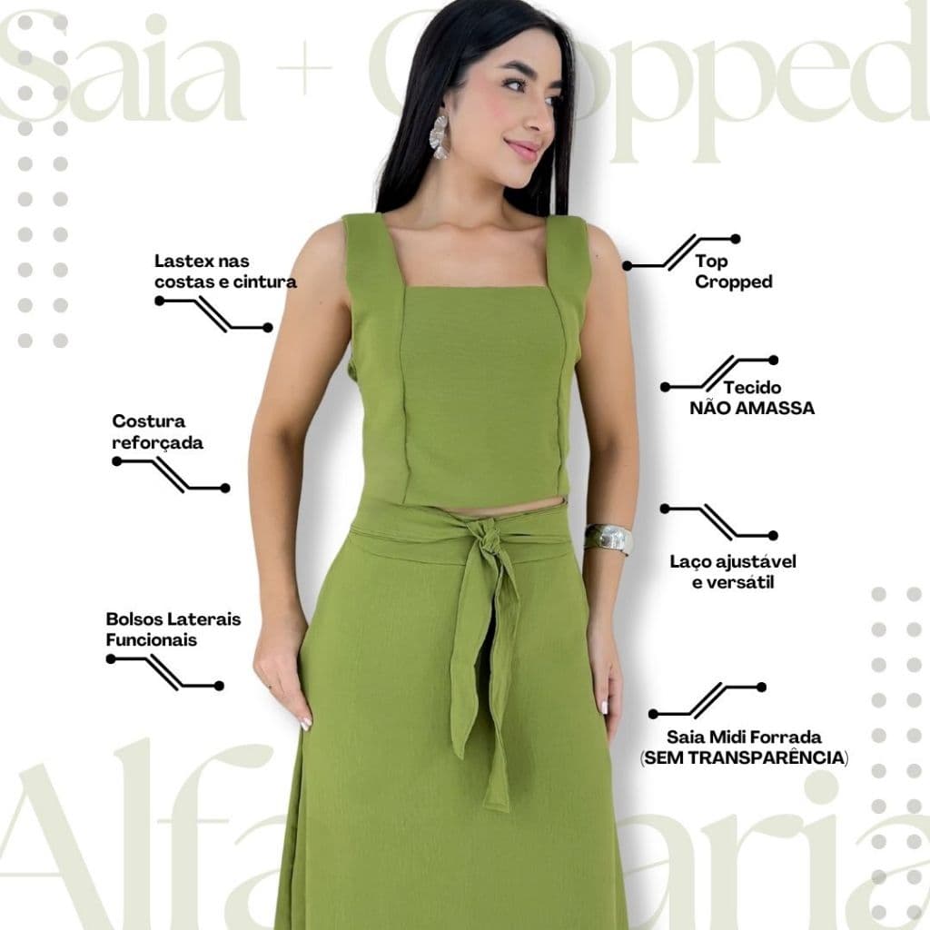 Conjunto Feminino Alfaiataria Midi Liso Cropped Ajustado