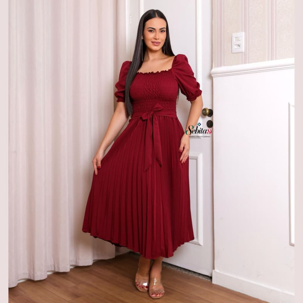 Vestido Plus Size Feminino Mídi Liso Plissado Elegante Manga Curta Look Casual, Verão e Festa Feminina