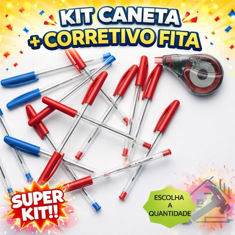 KIT 4/6/12/24 CANETAS ESFEROGRÁFICA + 2 CORRETIVOS EM FITA