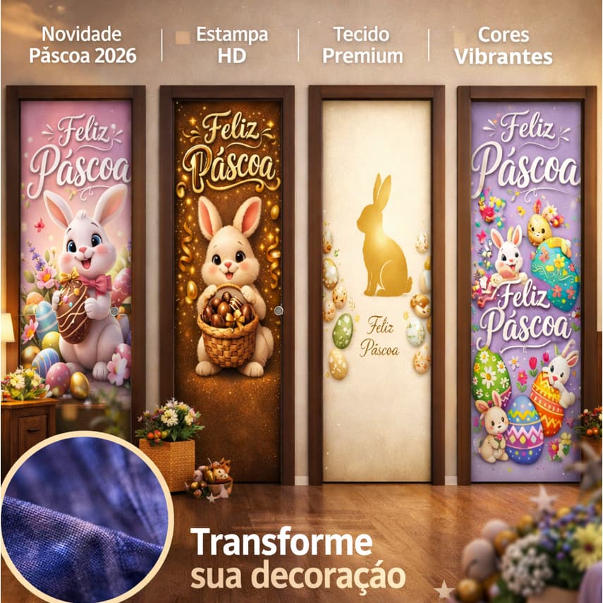 Capa de Porta Feliz Páscoa Decorativa Coelho 3D Estampa Tecido Premium Decoração Páscoa Casa Igreja