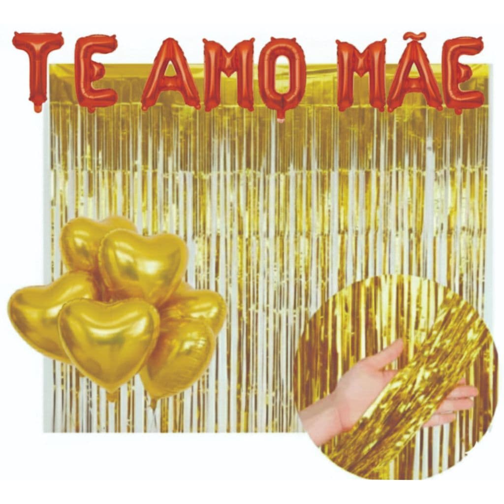 Kit balão metalizados Decoração DIA DAS MÃES 2 Cortinas 5 Balões Coração Balões TE AMO MAE
