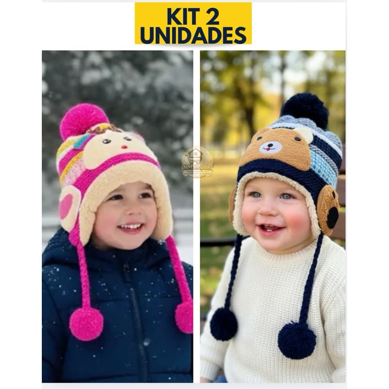 Kit 1 ou 2 Toucas Infantil de Lã com Pompons para Inverno – Conforto e Isolamento Térmico