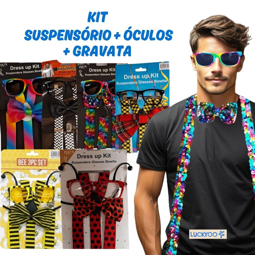 Conjunto Suspensório + Gravata Borboleta + Óculos Acessórios Unissex Festa Fantasia Evento Temático Arco Íris