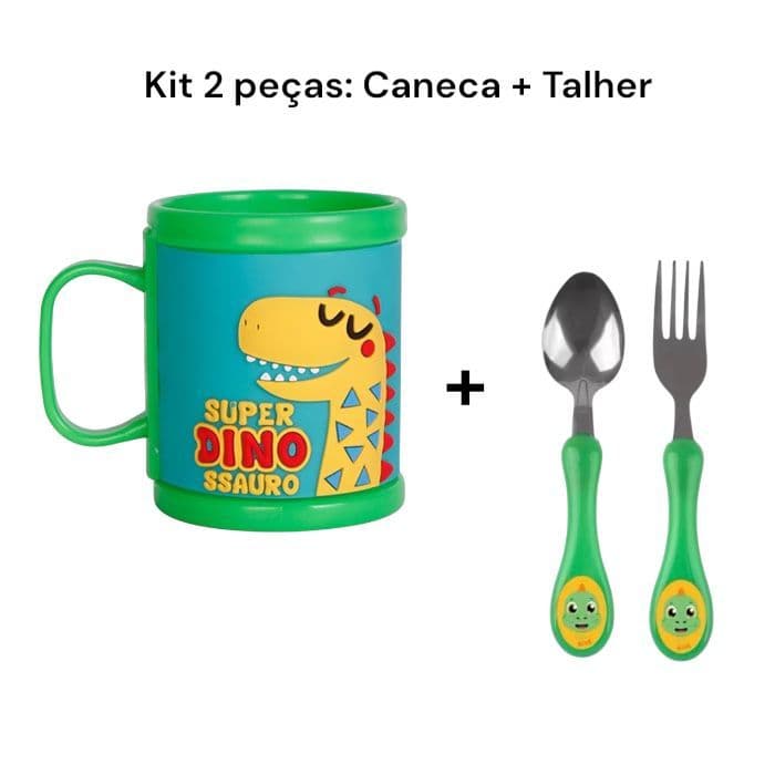 Kit Infantil 2 Peças – Caneca emborrachada + Talher Dino Super Dinossauro na cor verde para meninos e menina