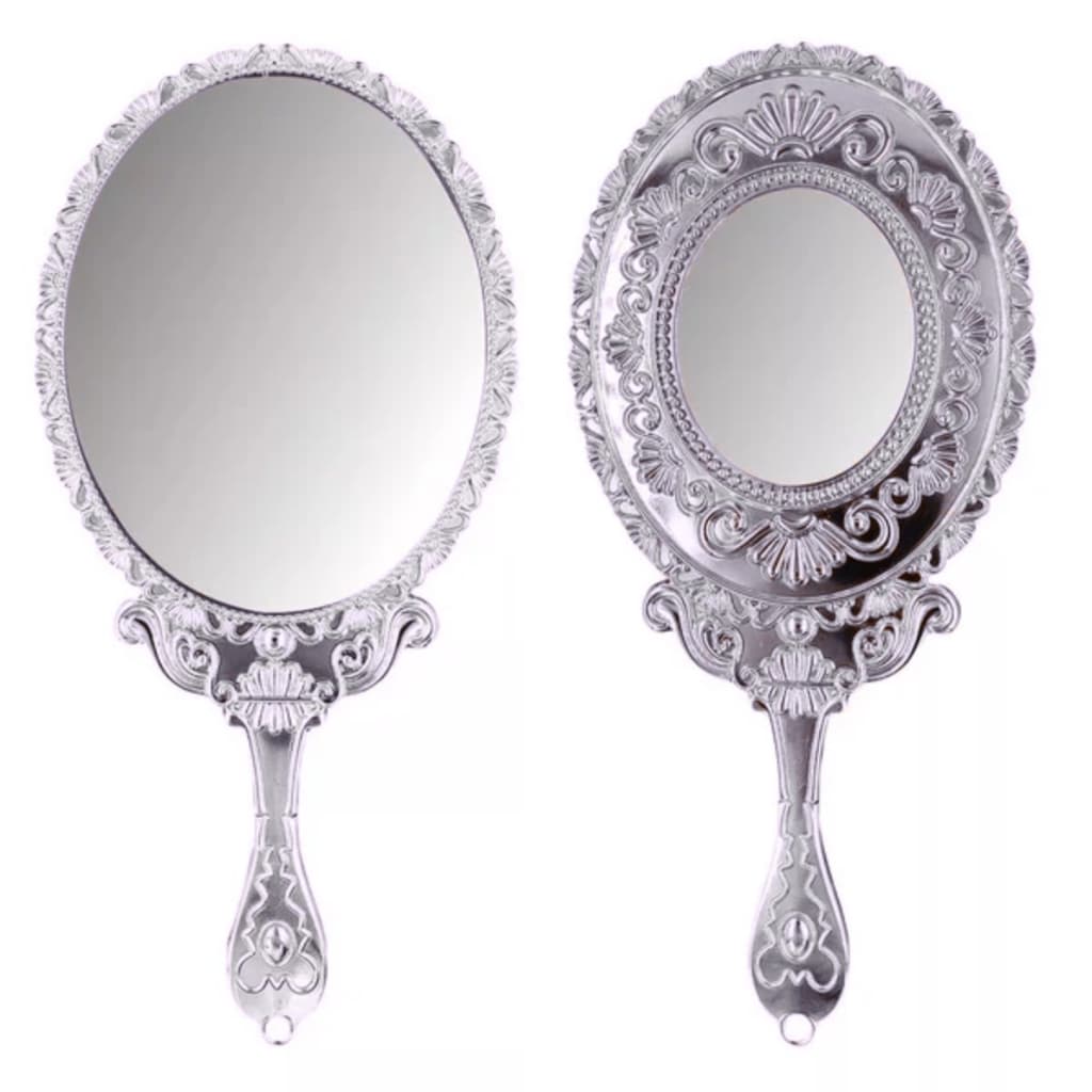 Espelho De Mão Duplo Moldura Vintage Oval Rosê Cinza Rosa Com Aumento