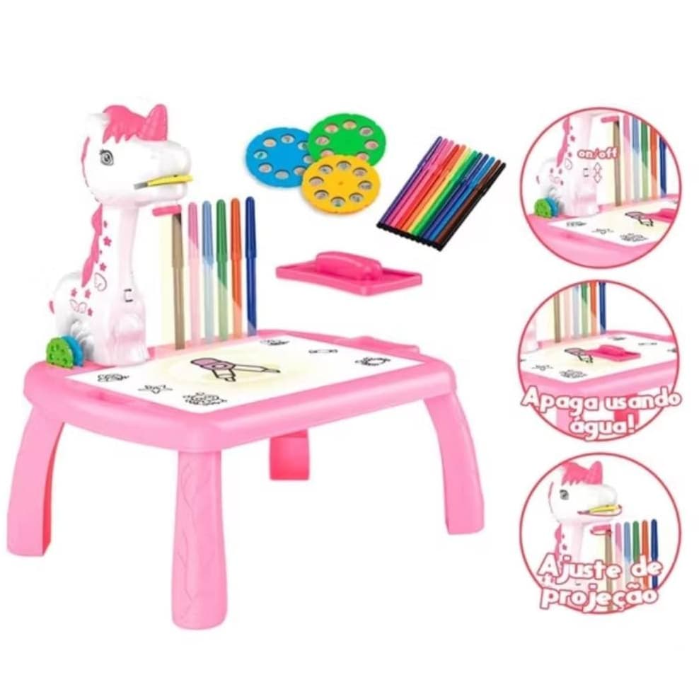 Mesa Didática Unicórnio Educativa Com Projetor Para Desenho Infantil Com Canetinhas E Acessórios