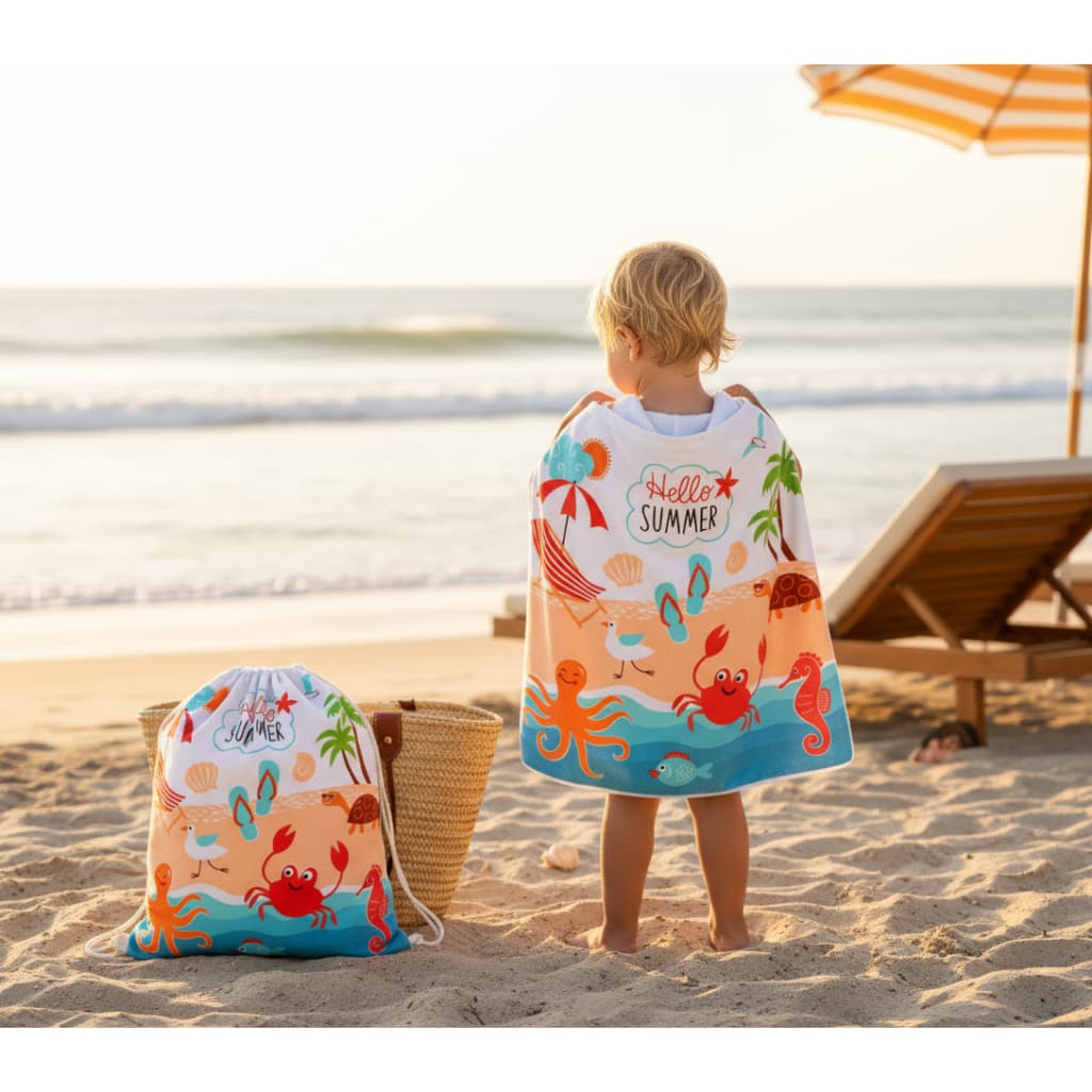 Toalha De Praia Infantil Com Capuz Mochila Tuquinha Microfibra Secagem Rápida Premium 60x120cm