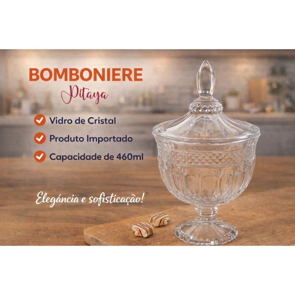Bomboniere Pitaya com Tampa 460ml Vidro de Cristal Importado Decoração