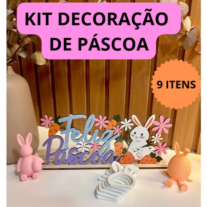 Kit Decoração Páscoa Completo 9 Itens – Placa Feliz Páscoa + Coelho Articulado + Coelho Decorativo + 6 Porta Guardanapos