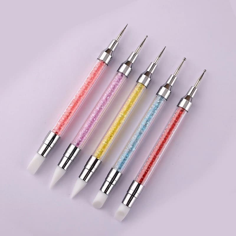 kit 5 Pincéis Silicone e Boleadores 2 em 1 Ponta Dupla para Decoração Unhas 3D Profissional Nail Art