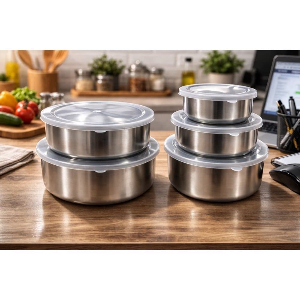 Conjunto 5 Potes Herméticos inox Redondos - tampas com vedação segura
