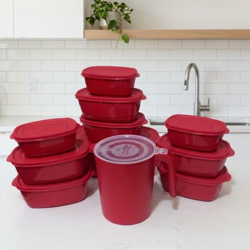 Pote Marmita Plástico Vermelho Kit 10 Peças Hermético + 1 Jarra 1,8L