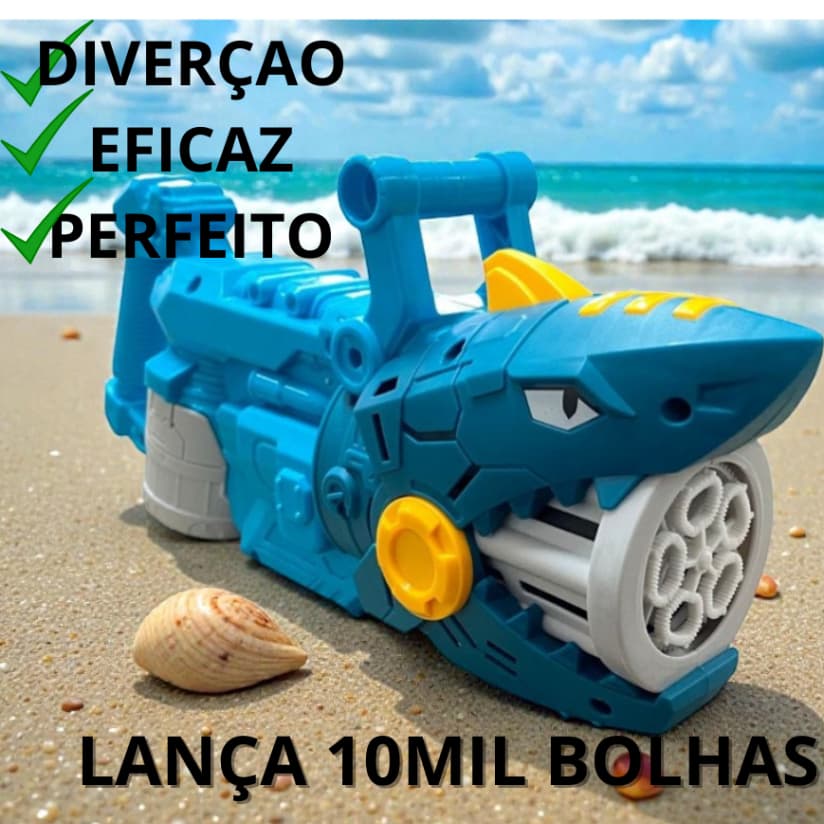 Pistola de Bolhas Tubarão 10000 Bolhas em 5 Min - Solução 70ml Inclusa Brinquedo Infantil 3+