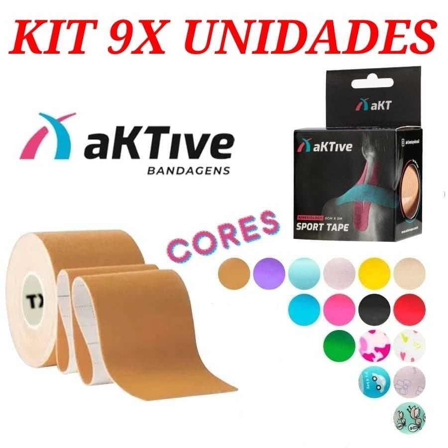 KIT 9X Nove Bandagem Elástica Aktive Kinesio Tape Fita Original Fisioterapia Crossfit Pós Cirurgia Ortopedia Gestantes