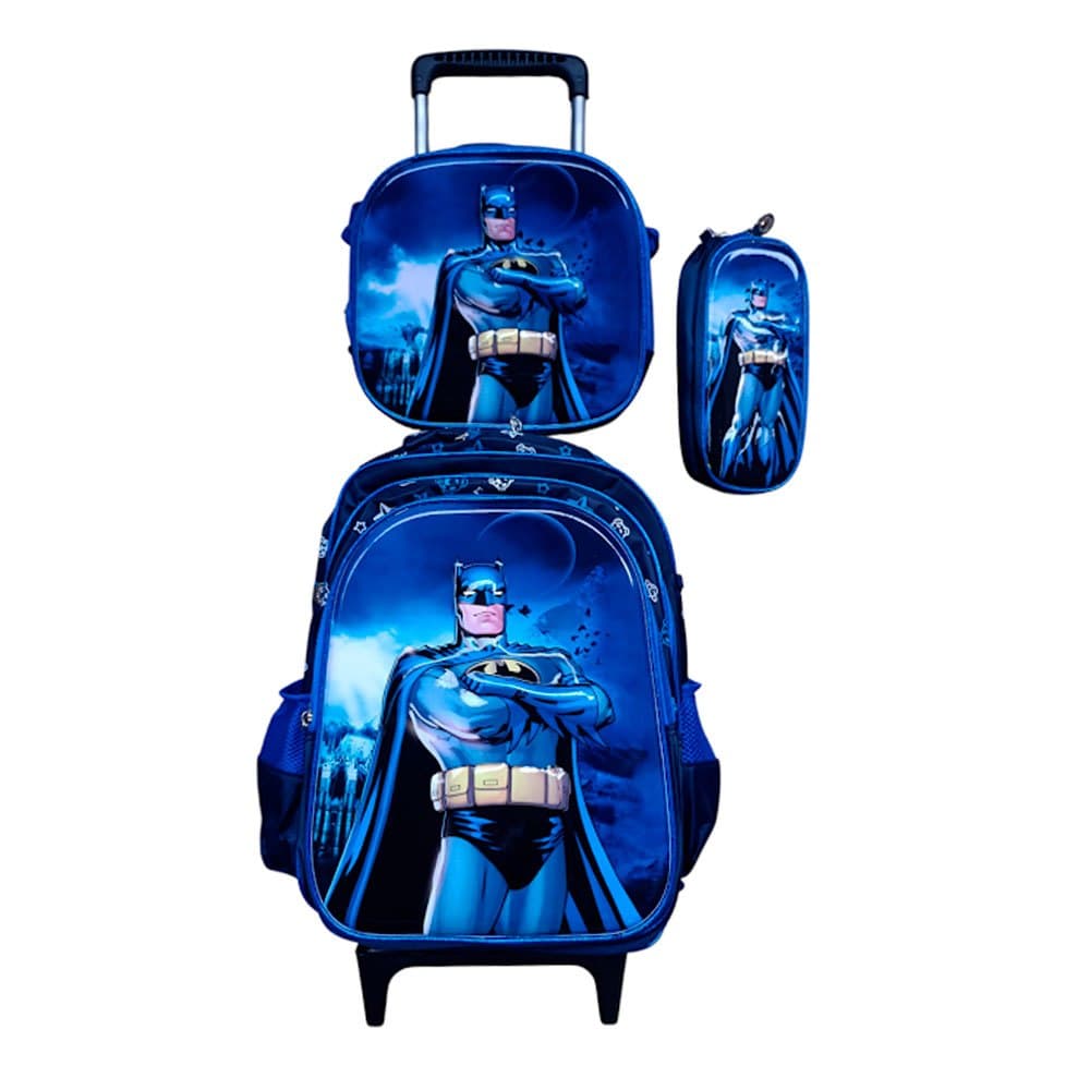 Kit Mochila do Batman em 3D com Rodinhas + Lancheira Térmica + Estojo Escolar Infantil Alto Relevo
