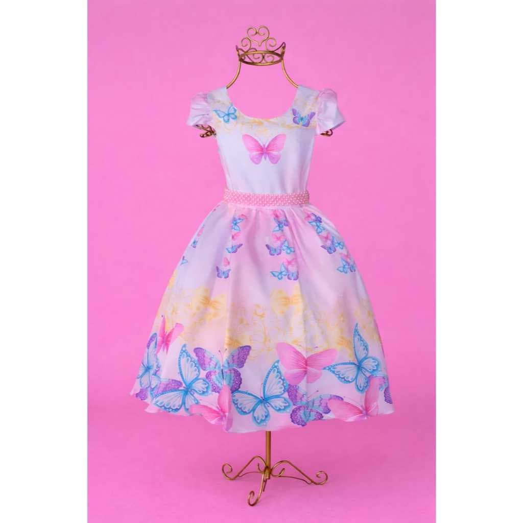 Vestido Infantil Borboletas Festa Princesa Pérola Luxo