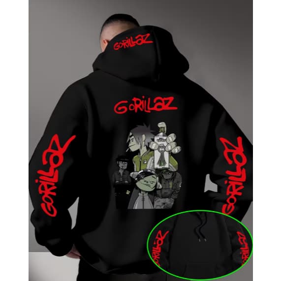Moletom Casaco Blusa de Frio Banda Gorilaz Estampas no Capuz e Mangas Rock