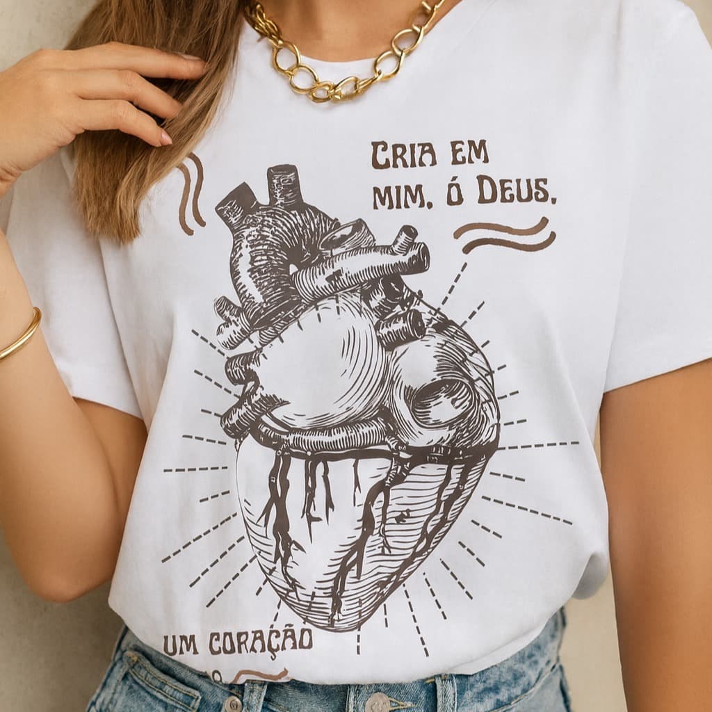 Camiseta Feminina Cristã Coração Puro Cria em Mim Ó Deus Gospel Estilosa Premium Algodão Moda Evangélica