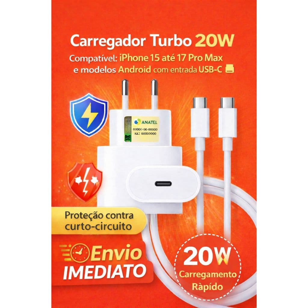 KIT cabo+fonte turbo 20w ORIGINAL Cabo USB-C ou Lightning  ENVIO IMEDIATO