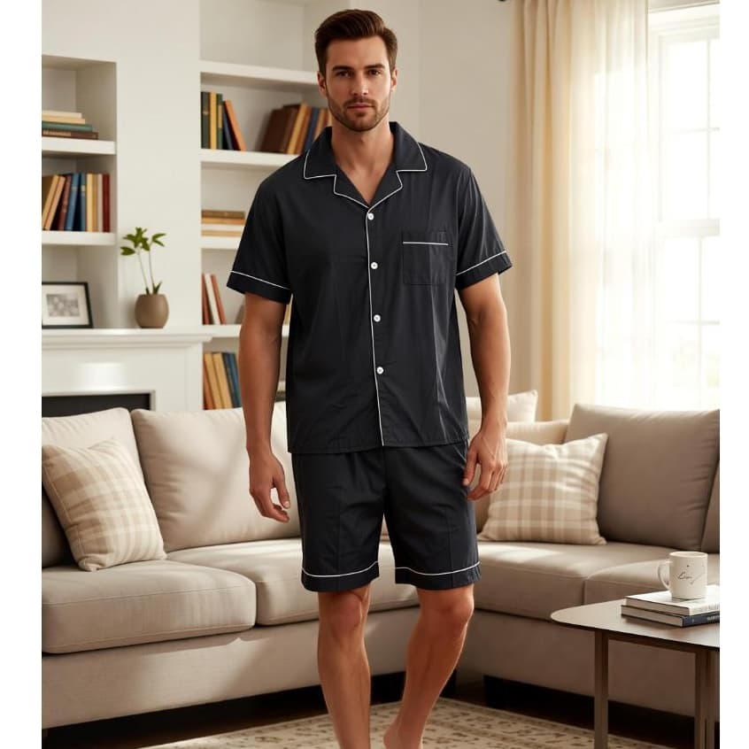 Pijama Masculino Curto Verão com Botões | Manga Curta + Bermuda | Leve e Fresco