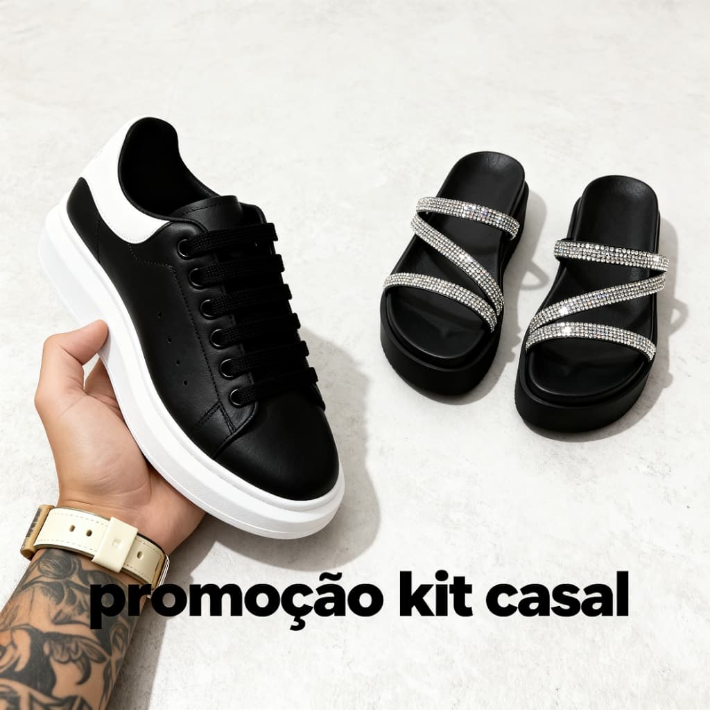 Kit Casal Tênis Masculino Preto + Sandália Feminina Plataforma com Strass Promoção Barato
