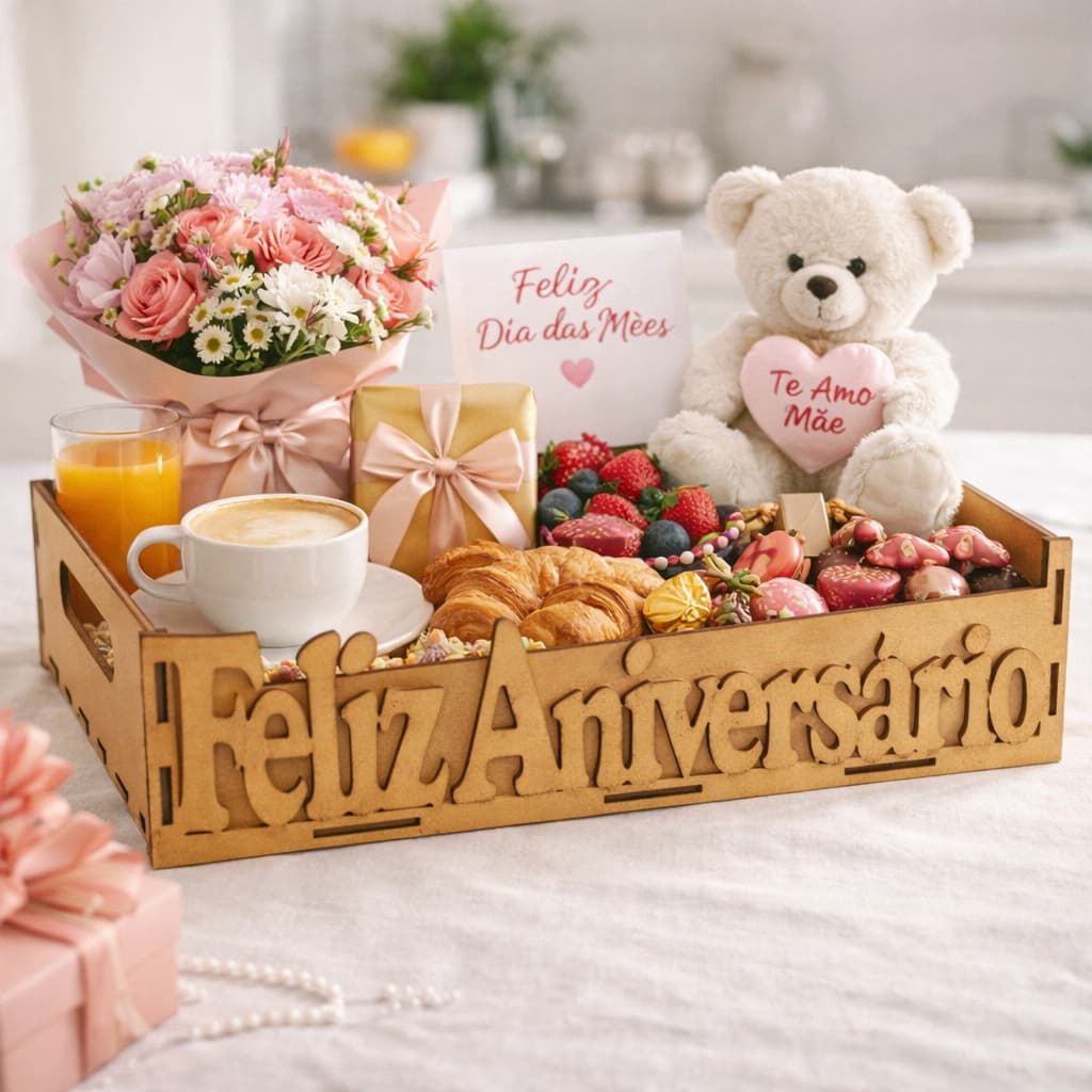 10 Bandejas Escrita Feliz Aniversario 30x20x7 Presente Cesta Caixa Organizadora Multiuso Masculino Feminino Madeira