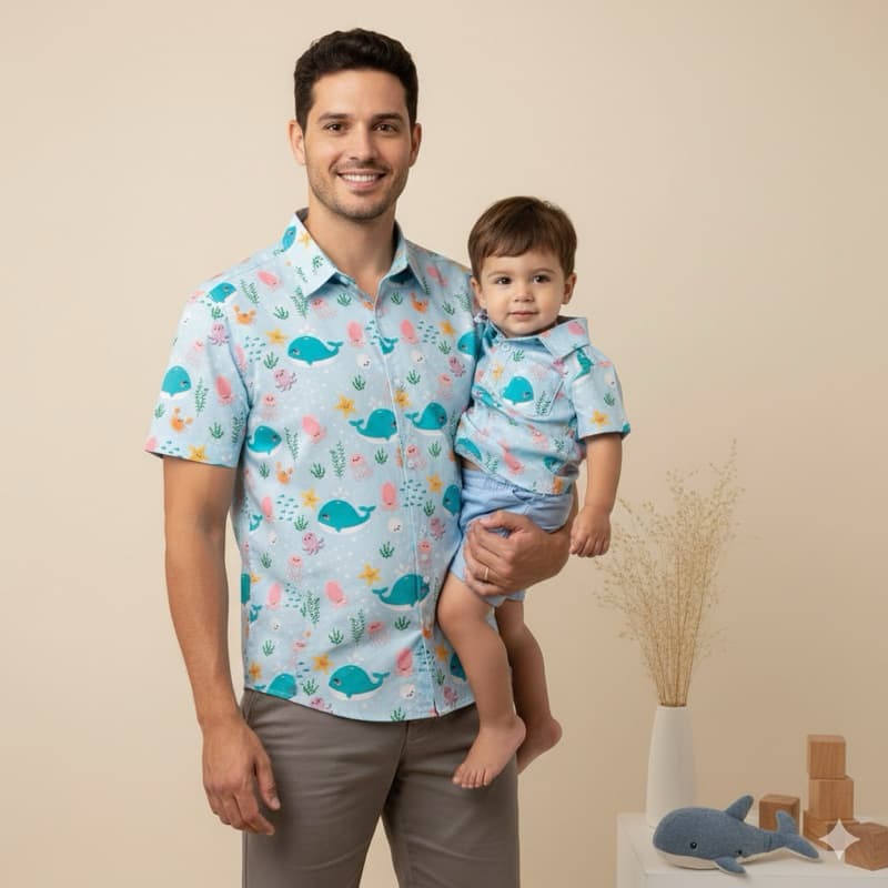 camisa social aniversário fundo do mar tal pai tal filho