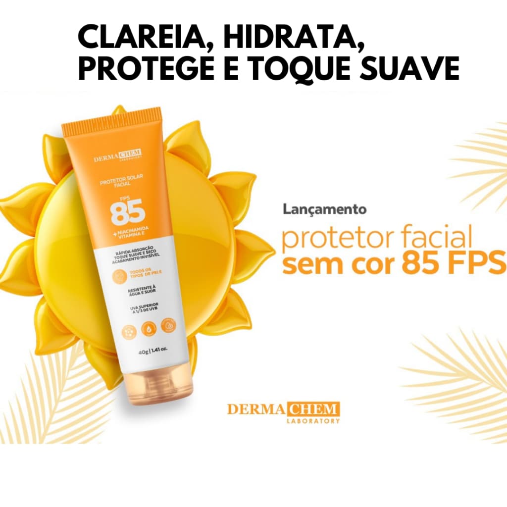 Protetor Solar Facial Toque Seco  FPS85 Clareia Hidrata e Protege Dermachem