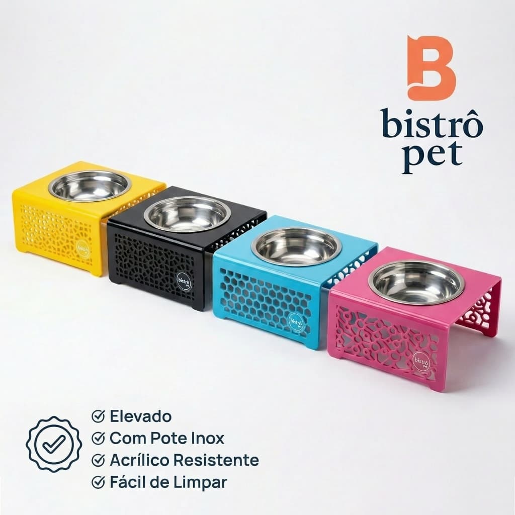 Comedouro Elevado em Acrílico Para Gato com Pote Inox Resistente Moderno Antiformiga