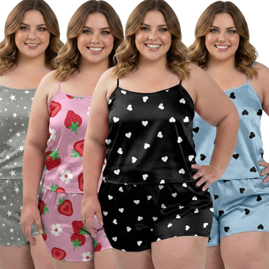 4 Conjuntos Plus Size Baby Doll Short Doll Estampado Sem Bojo Pijama Premium